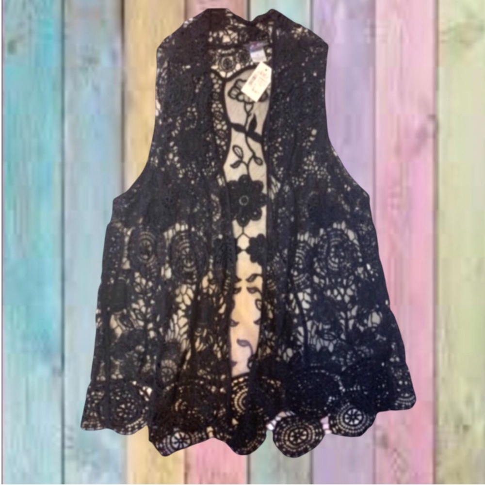 Dots Black Crochet Mesh Open Sleeveless Vest NWT